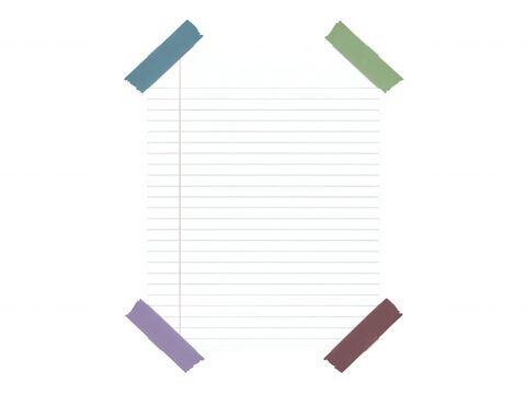 Lined notebook paper sheet secured at all four corners with colorful masking tape isolated on a transparent background