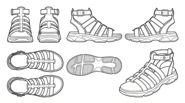 Women's Chunky Gladiator Sandals Technical Fashion Sketch Vector Template - Multiple Views Footwear Design