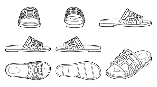 Sandals Footwear Design Technical Drawing Template - Caged Slipper Multi-Angle View Illustration for Fashion Tech Pack