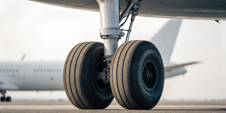 Close Up Of Airplane Main Landing Gear With Heavy Duty Tires And Hydraulic Strut Details Beneath Commercial Aircraft Aviation Engineering Concept