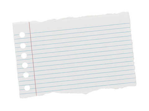 Single torn piece of lined notebook paper with spiral holes isolated on transparent background for digital collages