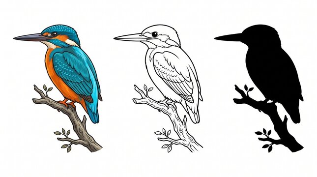 Kingfisher bird illustration set, colorful common kingfisher on branch, black silhouette and line art drawing, wildlife design elements