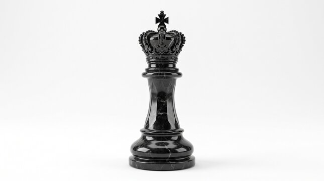 Black marble chess king piece on white background. Elegant stone chess king for business strategy and leadership concepts. Polished dark marble texture.