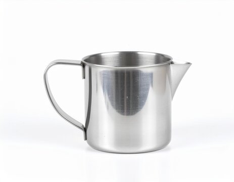 Stainless steel milk frothing pitcher isolated on white background
