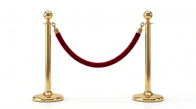 Golden stanchions with red velvet rope, luxury velvet barrier for VIP events, elegant crowd control poles on white background