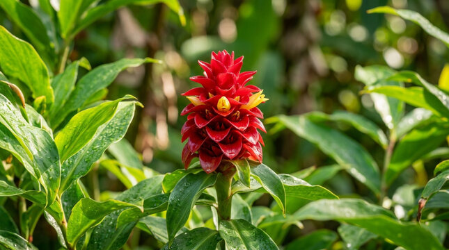 Vibrant Red Ginger Flower Bloom in Lush Green Tropical Foliage, Exotic Botanical Close-up