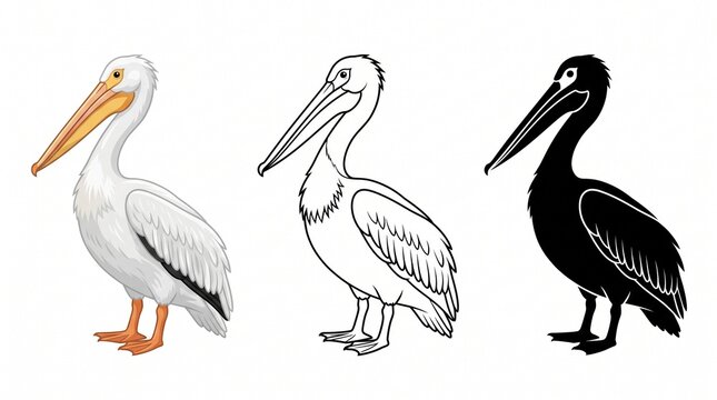 Pelican bird character set, three coastal seabird illustrations in color, line art, and black silhouette, aquatic wildlife icons
