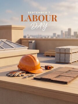 Construction safety equipment placed on rooftop worksite during sunny afternoon for labour day holiday celebration