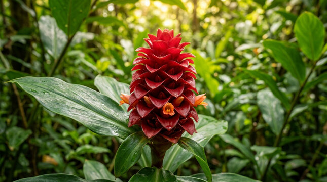 Vibrant red ginger flower bloom in lush green tropical rainforest foliage