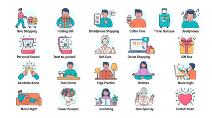 Naklejka premium Set of flat design icons representing solo activities and self-care routines.