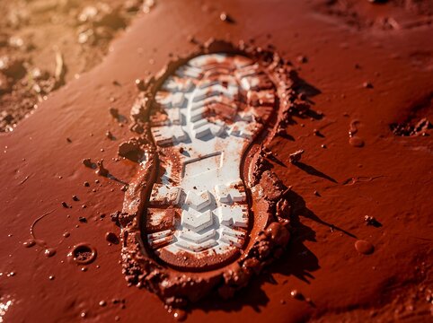 Close-up of White Boot Footprint Impression in Wet Red Mud Texture