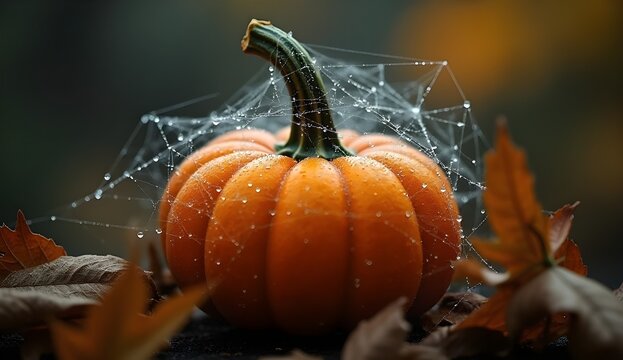 Autumn pumpkin with spider web and dewdrops surrounded by fall leaves in cozy seasonal nature scene
