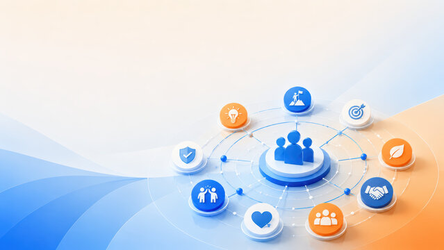 Human resources network surrounds central team icon with connected workplace services support and leadership