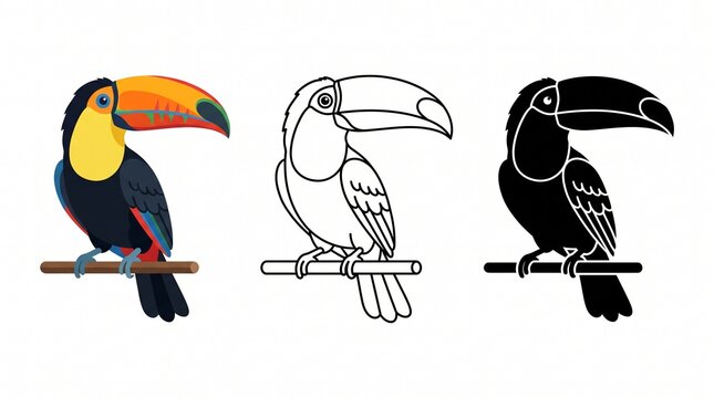 Tropical toucan bird illustration set, colorful exotic toucan icon, black silhouette and line art toucan graphics for design