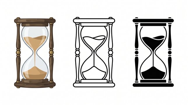Vintage hourglass collection with sand, antique sand timer icons in three styles, wooden sandglass for time management and deadlines