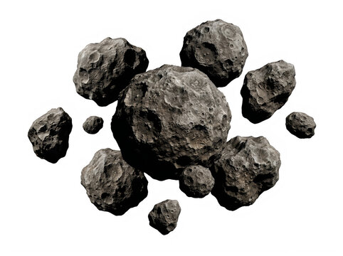 Group of various rocky asteroids floating in deep space isolated on transparent background
