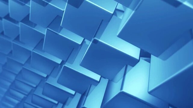 Abstract background featuring rows of metallic blue cubes moving in slow wave pattern creating dynamic geometric motion for modern digital design presentations.