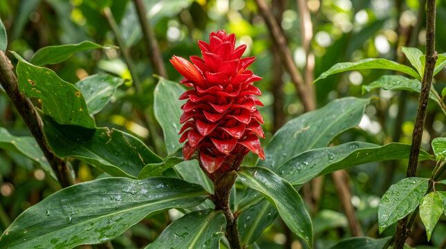 Vibrant Red Ginger Flower Blooming in Lush Green Foliage - Tropical Plant Close-up