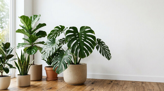 Indoor plants, monstera, fiddle leaf fig in modern home, bright natural light