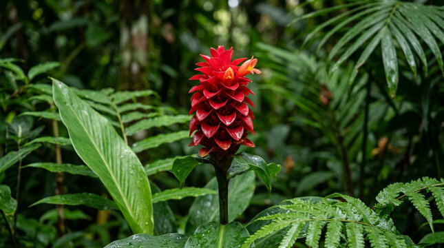 Vibrant Red Ginger Flower Blooming in Lush Green Tropical Rainforest