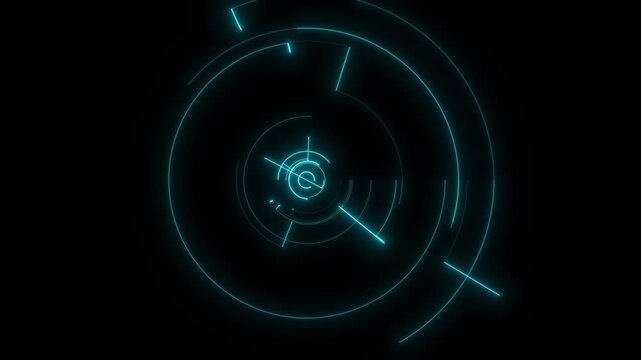 Futuristic cyberpunk HUD circle interface glowing blue cyan overlay on black background.