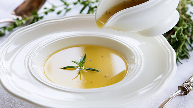 Pouring hot chicken broth or vegetable consomme into a white ceramic bowl, garnishing with fresh rosemary for a healthy meal