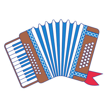 Vintage accordion musical instrument vector, traditional folk music squeeze box illustration, retro brown and blue accordion icon