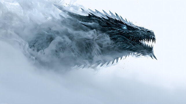 Profile view of powerful icy dragon head emerging from cold blue mist and smoke, fantasy concept