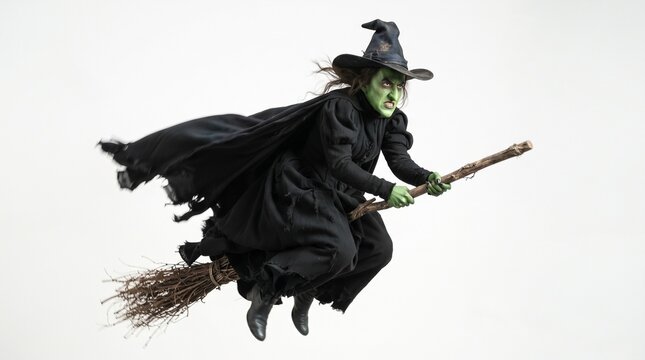 A wicked witch with green skin flying on a wooden broomstick against a plain white background
