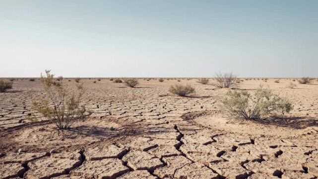 Dry cracked desert soil with sparse bushes under clear blue sky in arid environment