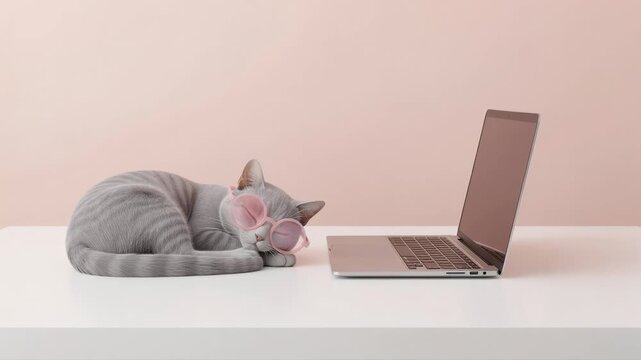 Cute gray cat wearing pink sunglasses sleeping next to a laptop on a white desk with pastel background