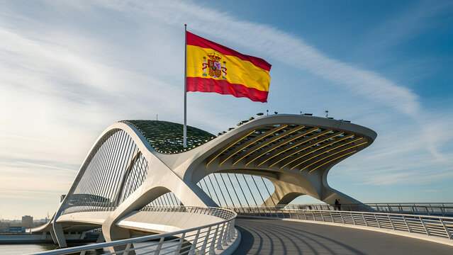 Spanish flag flying on a futuristic modern building