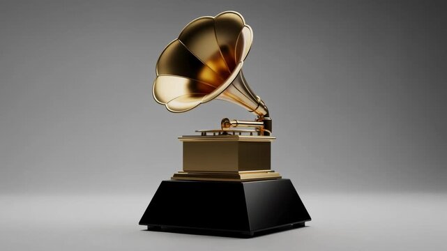 Golden gramophone trophy on black base isolated on grey background representing music award and achievement