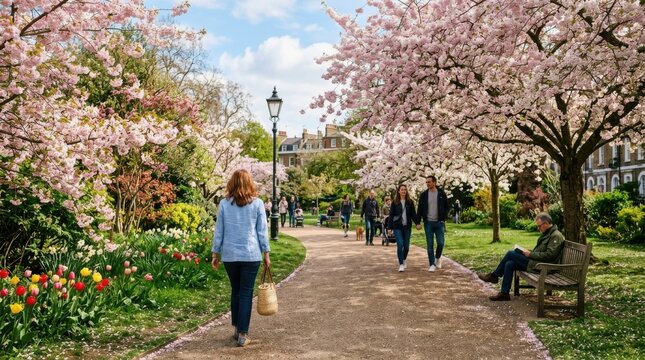 People Enjoying Spring Day in Urban Park with Blooming Cherry Trees