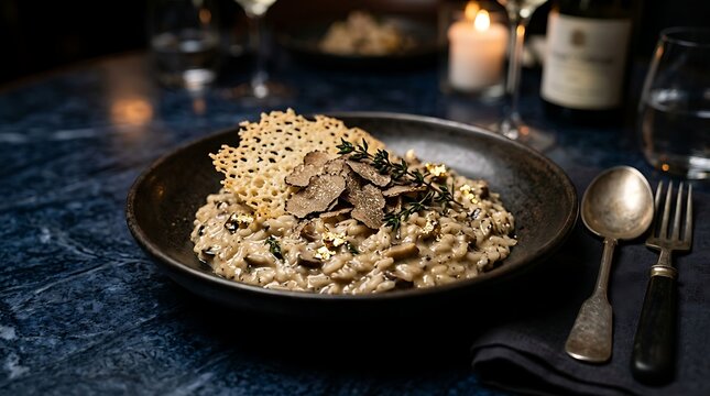 Gourmet truffle mushroom risotto with parmesan crisp served in a dark moody restaurant