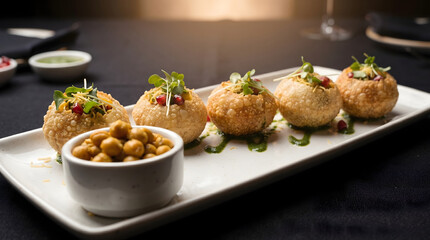 Crispy Gol Gappay with Chickpea Chaat and Chutney Served on Platter
