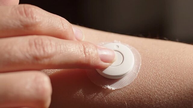 Woman applying glucose monitor patch on arm for diabetes management. Medical device for blood sugar tracking and health monitoring in home care technology system.