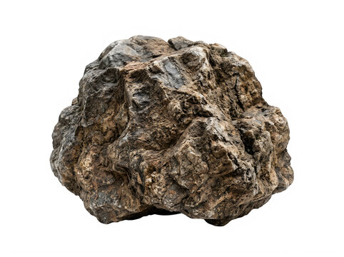 A detailed rough textured brown stone boulder isolated on transparent background for design projects