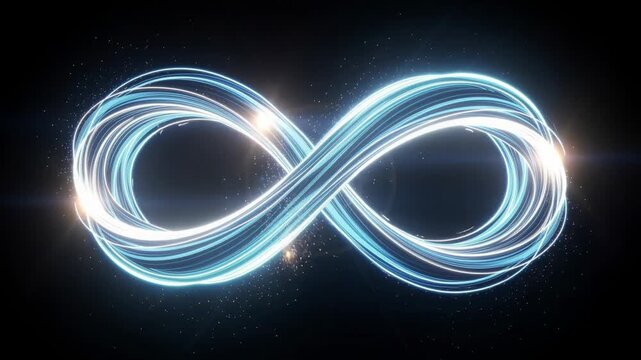 Glowing infinity symbol with bright light trails and spark particles on dark background