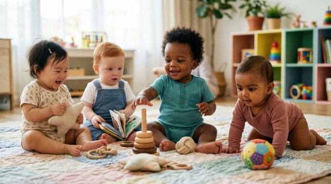 joyful diverse children playing with toys in a cozy indoor playroom