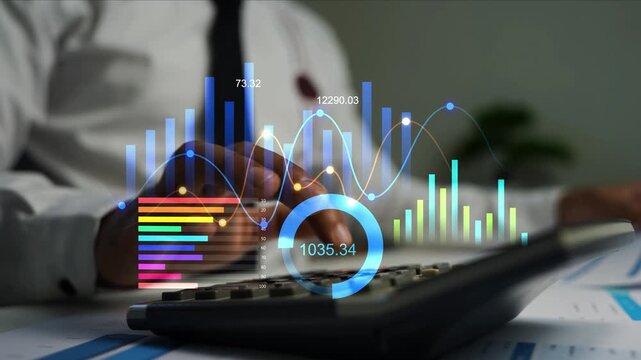 Business person using a calculator with glowing holographic charts and graph overlay on screen, Business finance analysis, budgeting, accounting and data tracking in a modern office  