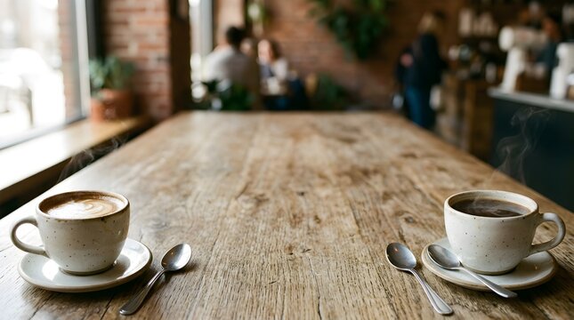 Two steaming cups of coffee with latte art and black coffee on a rustic wooden table in a cozy cafe with brick walls and soft natural lighting
