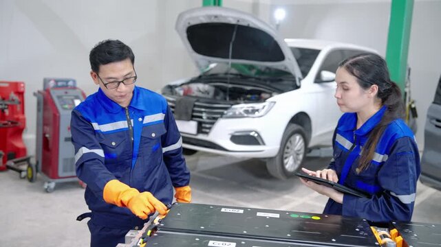 Automotive technicians wearing protective equipment inspect an electric vehicle battery pack during maintenance and service work in a professional workshop.
