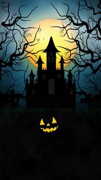 Spooky Haunted Castle With Glowing Pumpkins And Bare Trees Under A Full Moon On Halloween Night, Halloween Background Concept