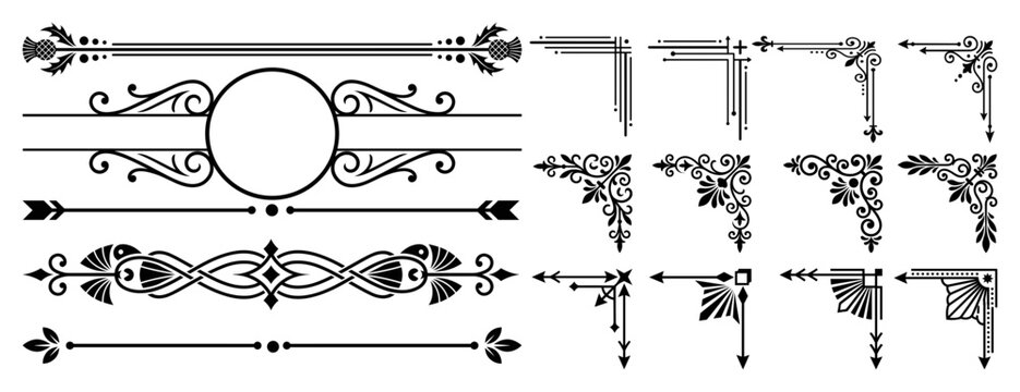 Elegant black thistles and floral corner ornaments for victorian style border decoration.