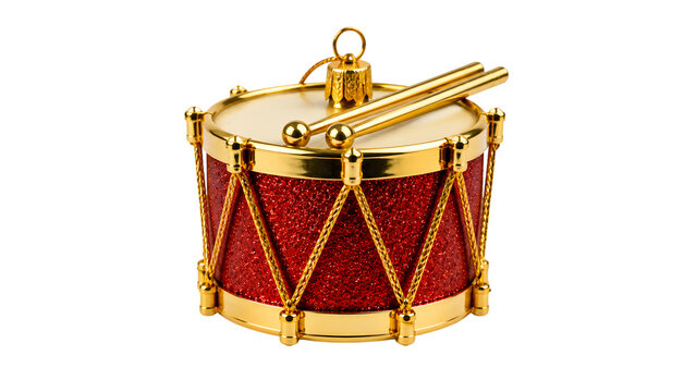 Golden and red snare drum with mallets isolated on white background for music and performance themes