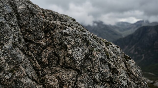 Close up of a rugged mountain rock face with distant misty peaks.
