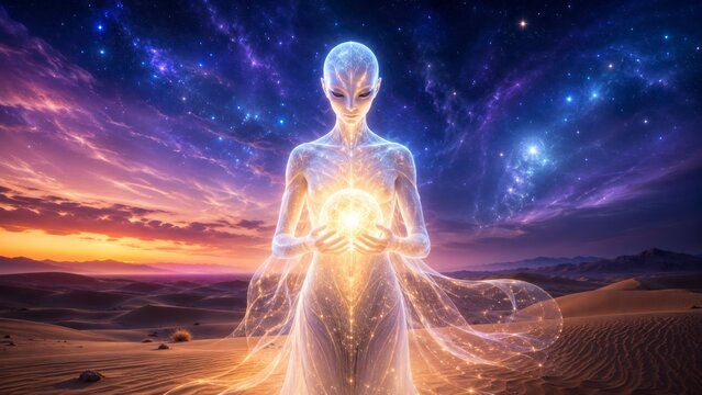Mystical glowing cosmic being holding radiant energy sphere in desert landscape, futuristic spiritual entity, celestial universe, divine light and fantasy consciousness concept