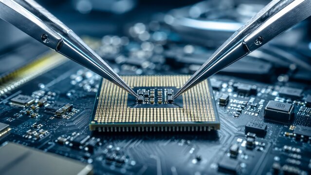 Semiconductor chip inspection and precision electronics manufacturing with tweezers, microprocessor quality control, circuit board engineering and advanced microelectronics technology