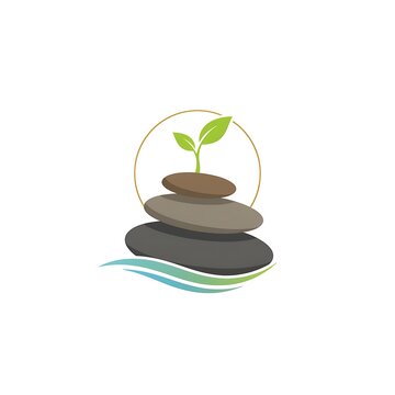 Stacked zen balance stones with green plant sprout and wave vector logo symbol

